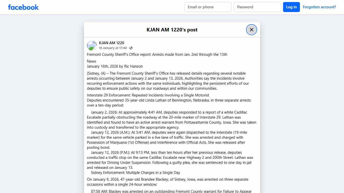 KJAN AM 1220 - Fremont County Sheriff’s Office report:... Facebook